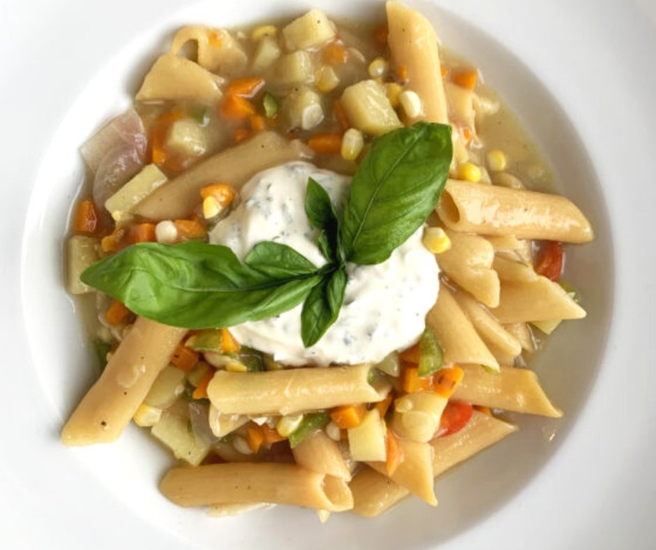 One Pot Vegetarian Pasta Primavera with a Greek Yogurt Herb Sauce - Wah Gwan®